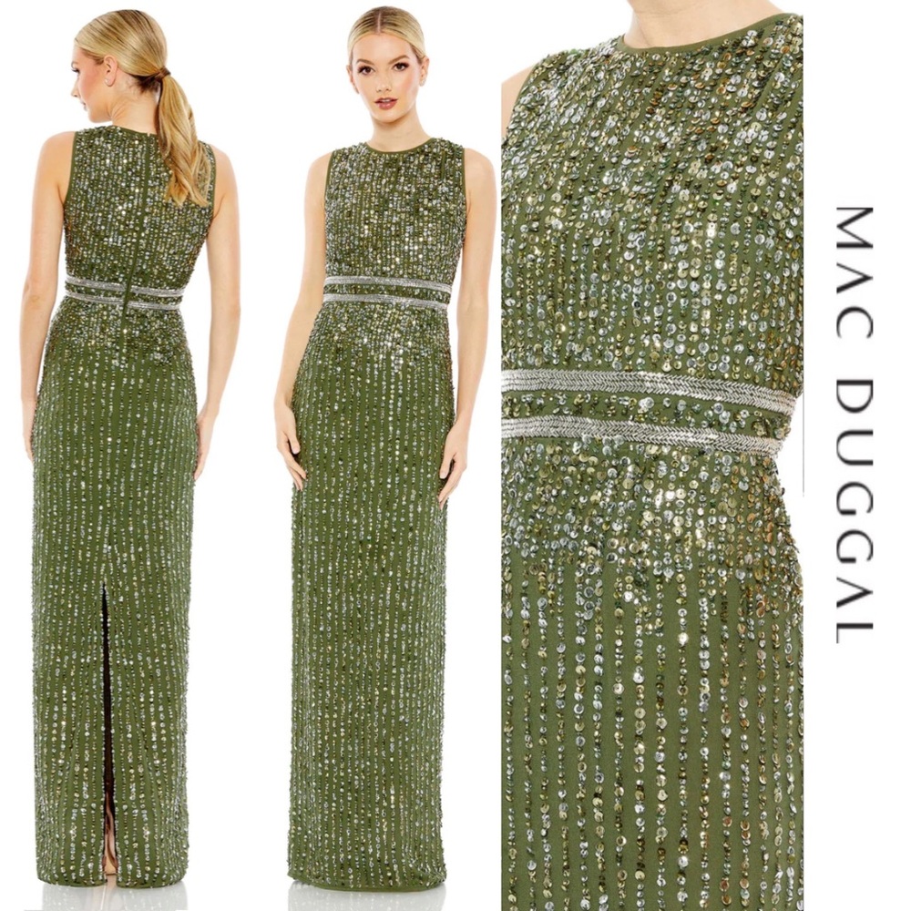 Mac Duggal - Sequined High Neck Sleeveless Column Gown - Olive Size 8